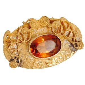 VTG 40s 50s Amber Glass Jewel Brooch Gold Tone Abstract Modernist C Clasp Pin